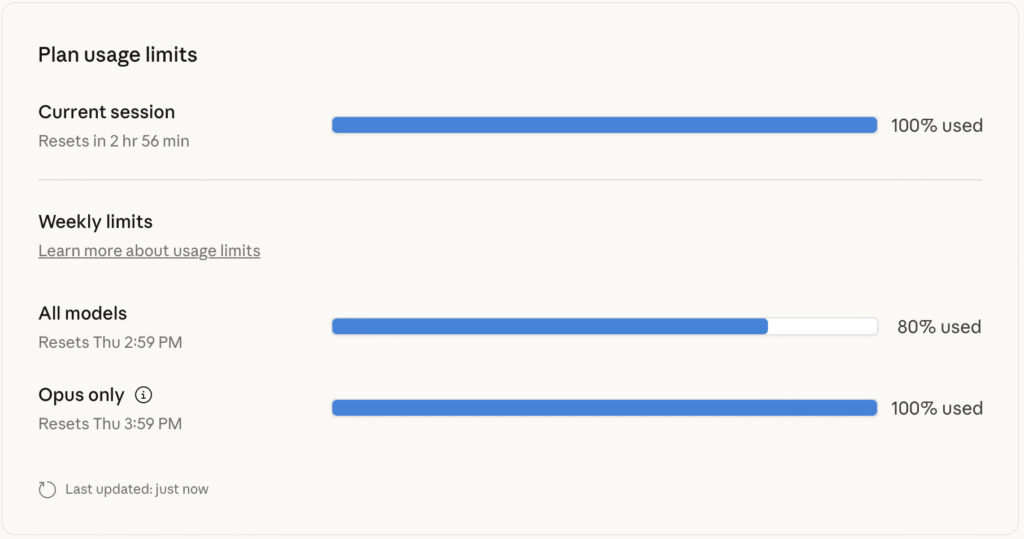 Przykład zużycia limitów w aplikacji Claude Code.