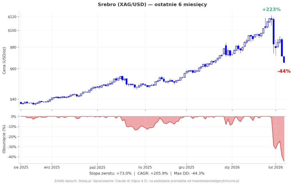 Cena srebra za ostatnie 6 miesięcy, wzrost o ponad 100%, a później krach o -44% widoczny.