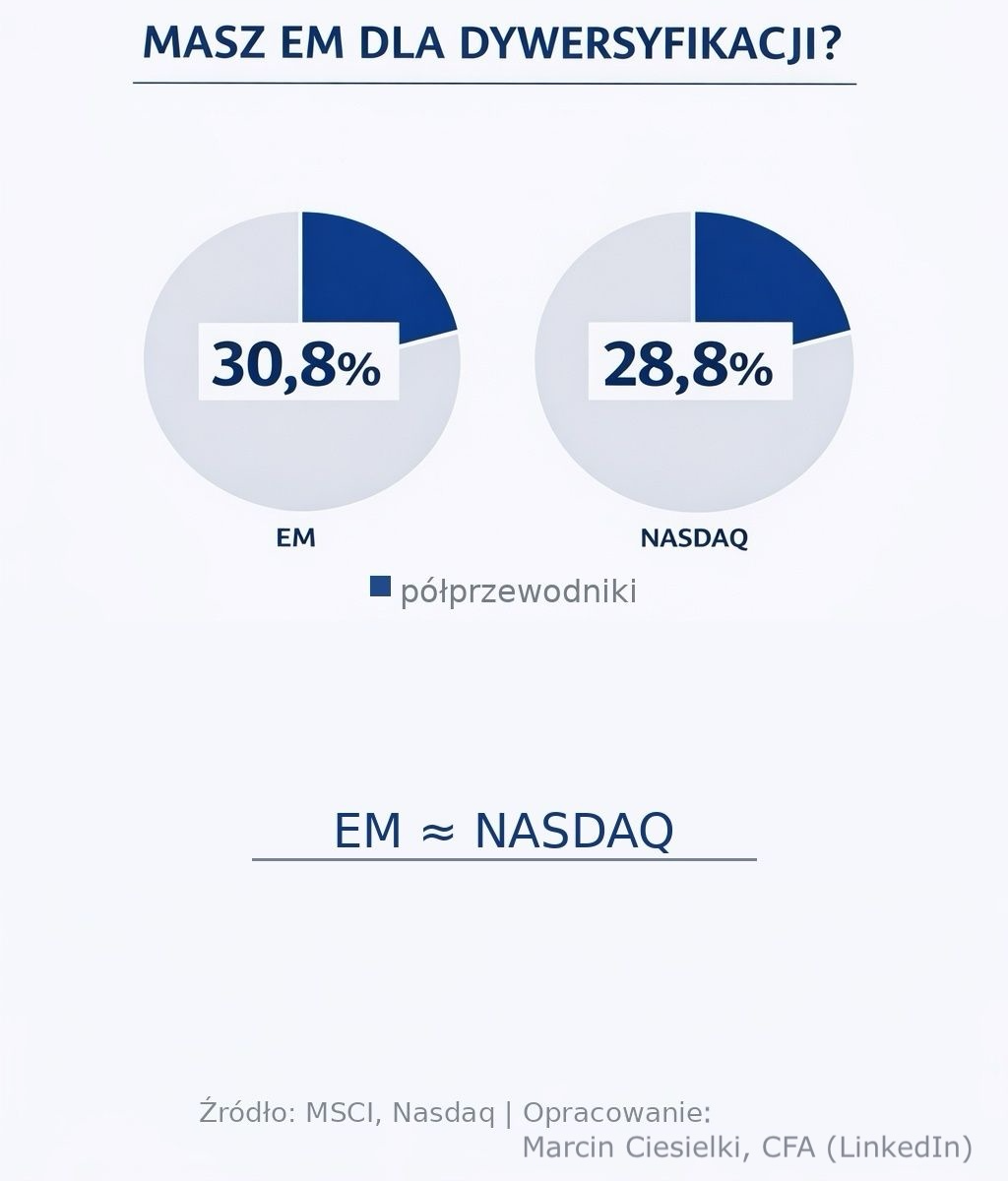 Wielkość sektora półprzewodnikowego w indeksach Nasdaq i Emerging Markets.
